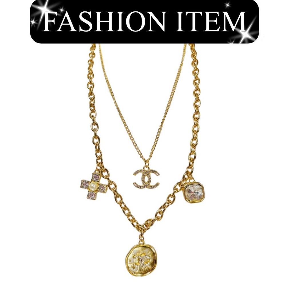 A-1FN-4: NECKLACE: Double Gold-Tone Featuring Dazzling Monogram Charms, NWOT